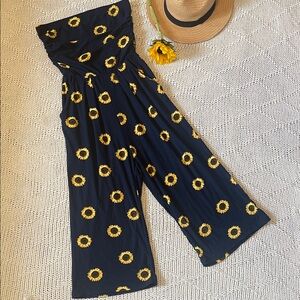 J for Justify Navy Blue Sunflower Strapless Wide Leg Jumpsuit Size M